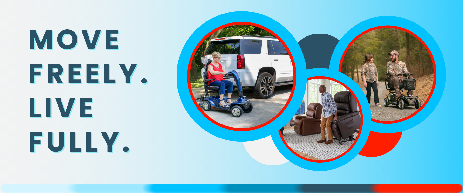Mobilis Home Medical Move Freely LIve Fully banner with photos of vehicle lift, man on scooter and a Lift recliner