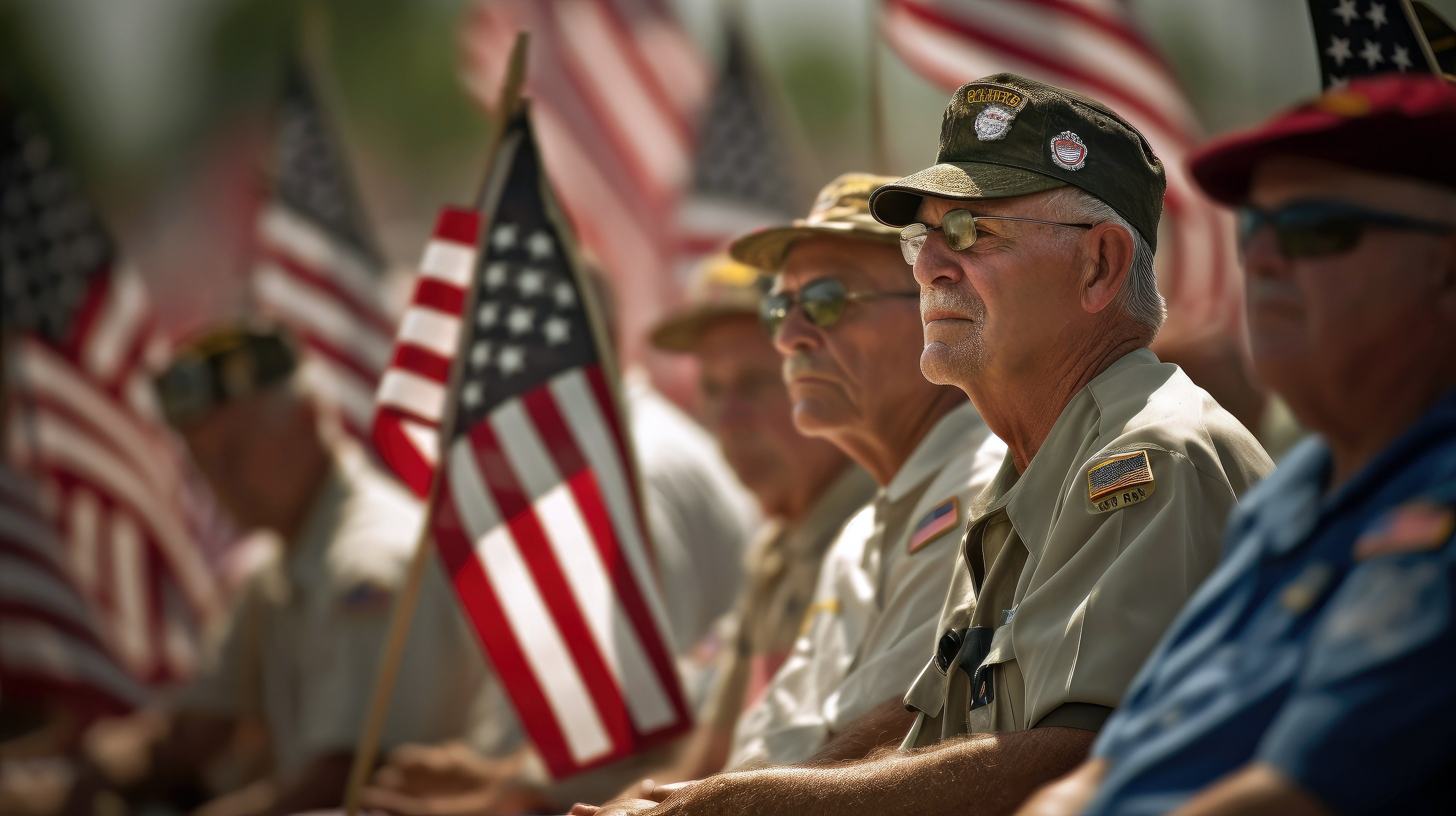 Group of veterans holding American flags in a solemn setting