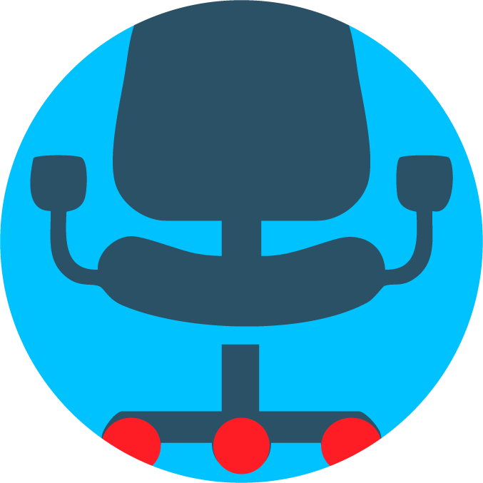 Blue circle with a black office chair icon on a white background