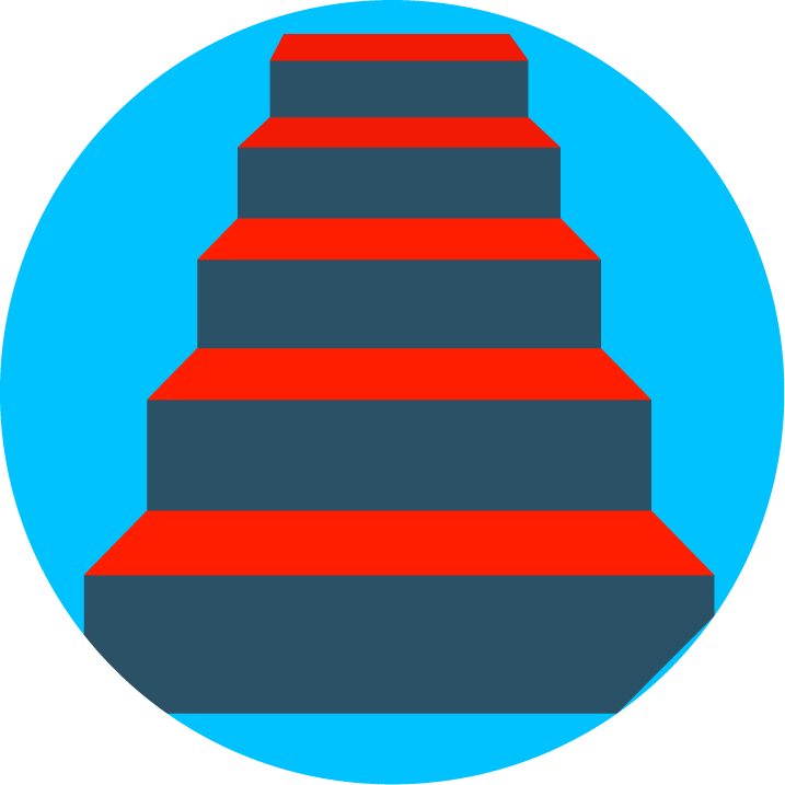 Staircase with red and blue steps on a blue circular background